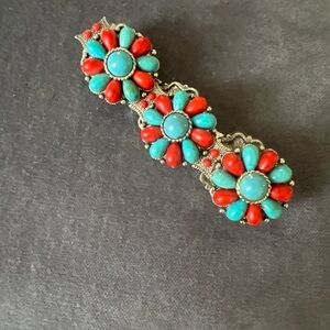 Vintage Navajo Coral Turquoise Clusters Stretch Silvertone *READ*